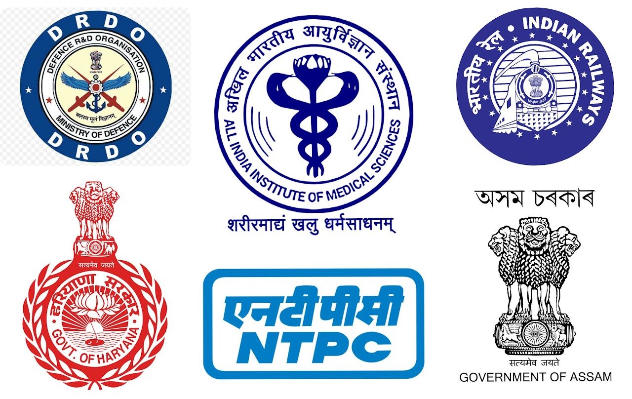 Logos of DRDO, AIIMS, Indian Railways, Haryana Sarkar, NTPC and Government organizations